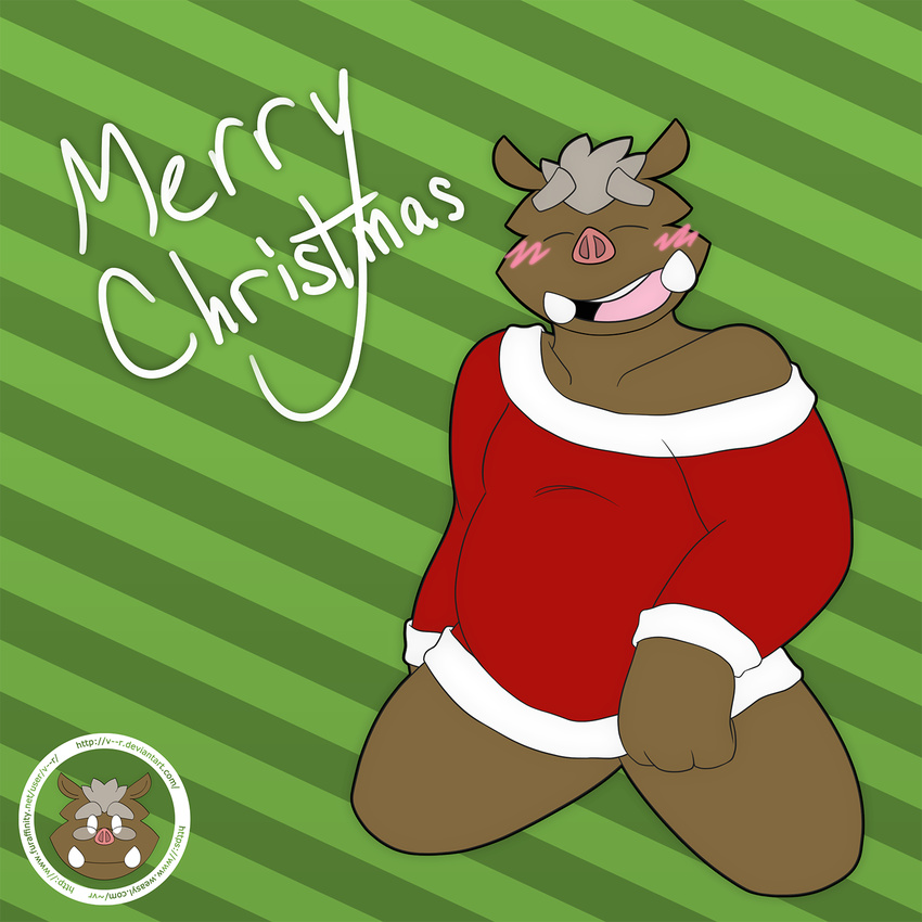 1:1 anthro belly biped blush bottomless christmas closed_eyes clothed clothing english_text eyebrows hi_res holiday_message holidays kneeling male mammal overweight overweight_anthro overweight_male slightly_chubby solo spread_legs spreading suid suina sus_(pig) sweater text thick_eyebrows topwear tusks vii_rii_(vrart1) vrart1 wild_boar