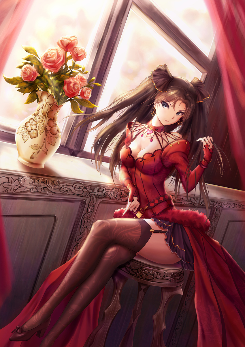 black_thighhighs blue_eyes breasts brown_hair chair cleavage commentary_request crossed_legs dress dutch_angle earrings fate/grand_order fate/stay_night fate_(series) female flower garter_straps high_heels highres jewelry long_hair looking_at_viewer medium_breasts photoshop_(medium) red_dress red_flower red_rose rose sitting solo thighhighs tohsaka_rin tohsaka_rin_(formalcraft) two_side_up vase window yuzuriha_(atelier_liang)