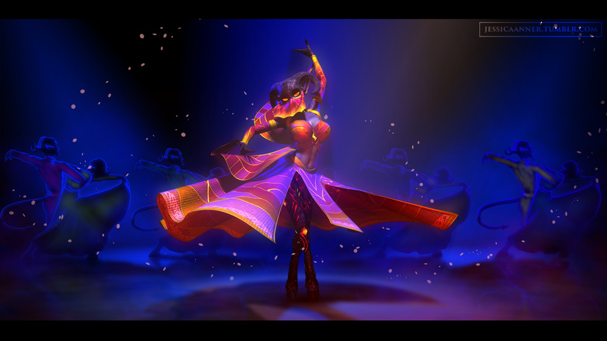 16:9 3d_(artwork) belly_dancer blue_light breasts clothed clothing colorful_theme dancing demon digital_media_(artwork) dress female group hi_res janner3d petals purple_body purple_scales scales silk solo_focus spotlight stage widescreen xelthia