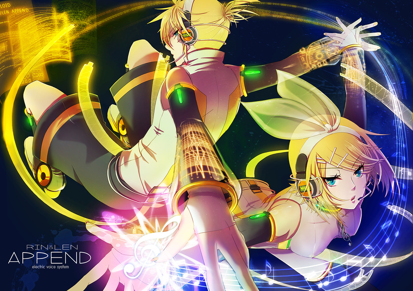 1boy arm_warmers blonde_hair blue_eyes brother_and_sister commentary_request detached_sleeves female hair_ornament hair_ribbon hairclip headphones highres kagamine_len kagamine_len_(append) kagamine_rin kagamine_rin_(append) mashibaya ribbon short_hair shorts siblings twins vocaloid vocaloid_append