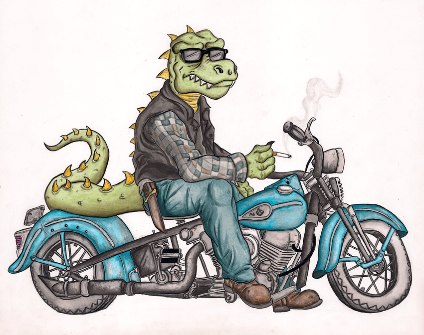 2015 anthro biker boots bottomwear cigarette claws clothed clothing denim denim_bottomwear denim_clothing dinosaur extinct eyewear fangs footwear green_body green_scales harley_davidson hi_res jacket jeans knife leather leather_clothing leather_jacket leather_topwear male melee_weapon metalsmile motorcycle multicolored_body multicolored_scales painting_(artwork) pants prehistoric_species reptile scales scalie sharp_teeth simple_background sitting smile smirk smoke smoking solo spines sunglasses teeth theropod topwear traditional_media_(artwork) two_tone_body two_tone_scales tyrannosaurid tyrannosauroid tyrannosaurus tyrannosaurus_rex vehicle vest watercolor_(artwork) weapon white_background yellow_body yellow_scales