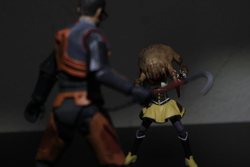 1boy absurdres armor blood blurry corset crossover crowbar dark depth_of_field female figma figure fingerless_gloves glasses gloves gordon_freeman half-life_(series) half-life_2 hev_suit highres holding holding_crowbar mahou_shoujo_madoka_magica mahou_shoujo_madoka_magica_(anime) mami_mogu_mogu monster moonshine_animations parody photo_(medium) self-upload skirt tomoe_mami tomoe_mami_(magical_girl) weapon