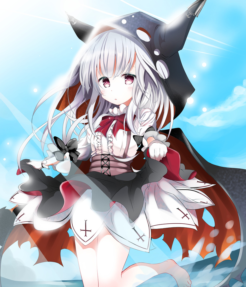 absurdres azur_lane barefoot black_bow black_cape black_skirt blue_sky blush bow bowtie cape center_frills cloud commentary_request day erebus_(azur_lane) female frills gloves hair_between_eyes highres hood horns kuromiko_shoujo long_hair long_sleeves looking_at_viewer ocean outdoors parted_lips puffy_long_sleeves puffy_sleeves red_bow red_bowtie red_eyes shirt skirt skirt_hold sky solo standing standing_on_one_leg torn_cape torn_clothes very_long_hair white_gloves white_hair white_shirt