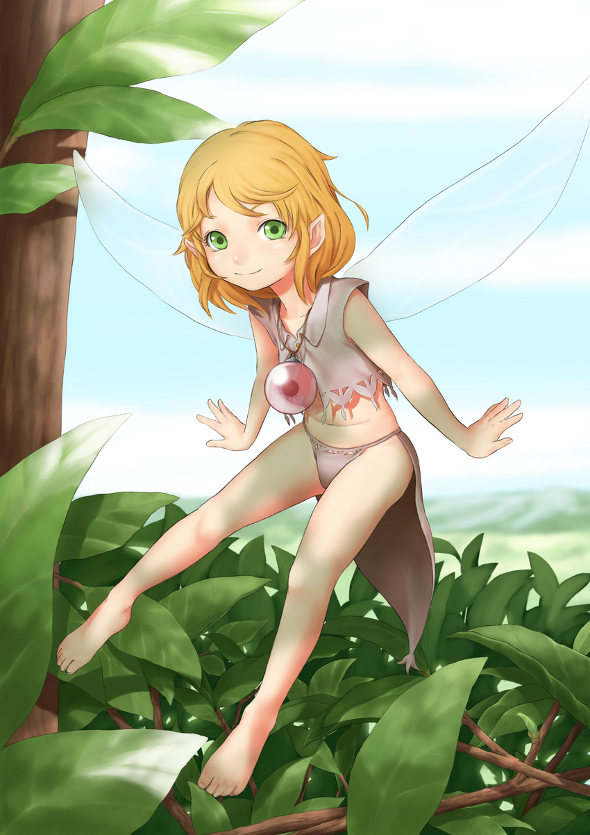 absurdres bad_id bad_pixiv_id barefoot blonde_hair day fairy fairy_wings female green_eyes highres jewelry leaf mini_person minigirl navel original outstretched_arms pendant photoshop_(medium) pointy_ears short_hair sky solo spread_arms ss39 tree wings