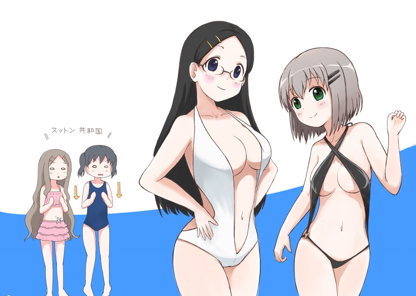 4girls akihisa201 aoba_kokona arrow_(symbol) bad_id bad_pixiv_id barefoot bikini black_hair blush breast_envy breasts brown_hair glasses green_eyes grey_hair hair_ornament hairclip highres kuraue_hinata large_breasts long_hair medium_breasts multiple_girls navel o-ring o-ring_swimsuit o_o one-piece_swimsuit open_mouth purple_eyes saitou_kaede_(yama_no_susume) short_hair slingshot_swimsuit smile swimsuit twintails underboob yama_no_susume yukimura_aoi