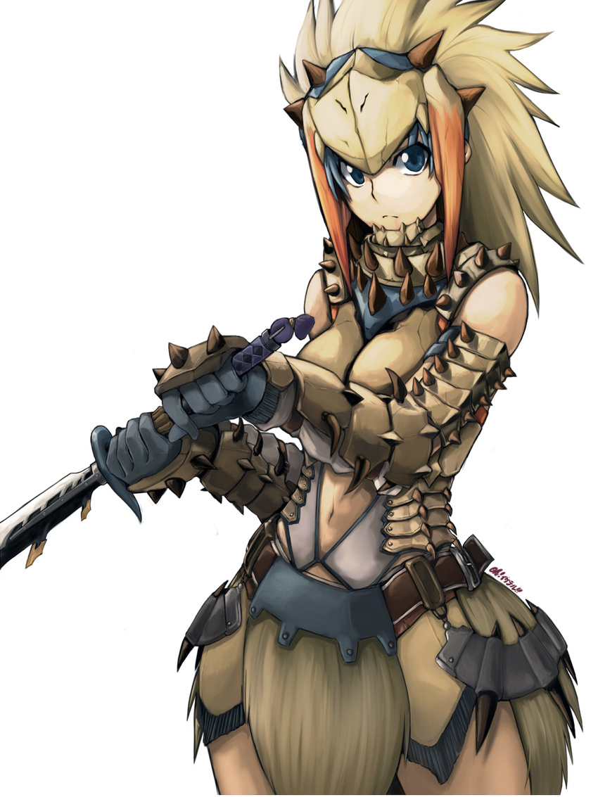 armor barioth_(armor) blue_eyes blue_hair commentary_request female highres monster_hunter_(character) monster_hunter_(series) monster_hunter_3 monster_hunter_portable_3rd ooike_teru solo sword weapon