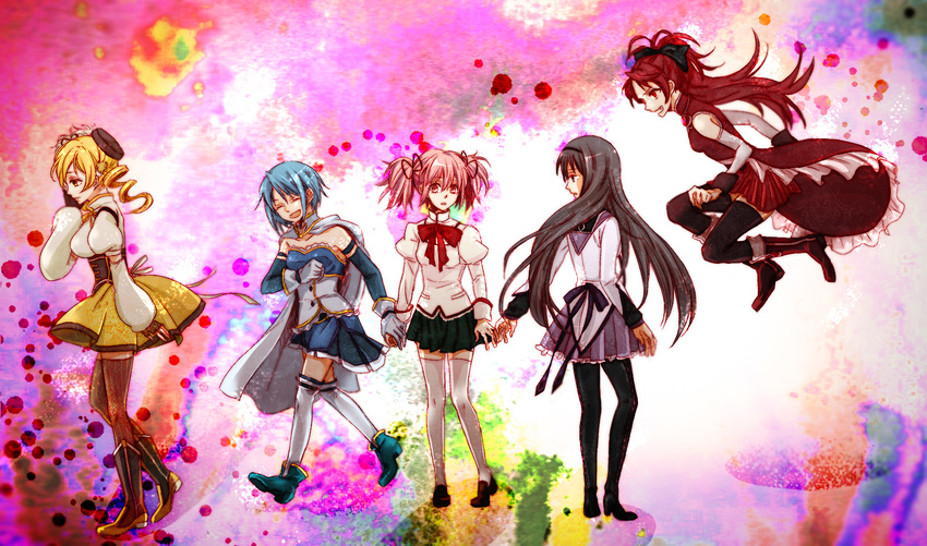 5girls akemi_homura akemi_homura_(magical_girl) bad_id bad_pixiv_id cape coma5 kaname_madoka long_hair ma magical_girl mahou_shoujo_madoka_magica mahou_shoujo_madoka_magica_(anime) miki_sayaka miki_sayaka_(magical_girl) multiple_girls pantyhose sakura_kyoko sakura_kyoko_(magical_girl) tomoe_mami tomoe_mami_(magical_girl) white_cape