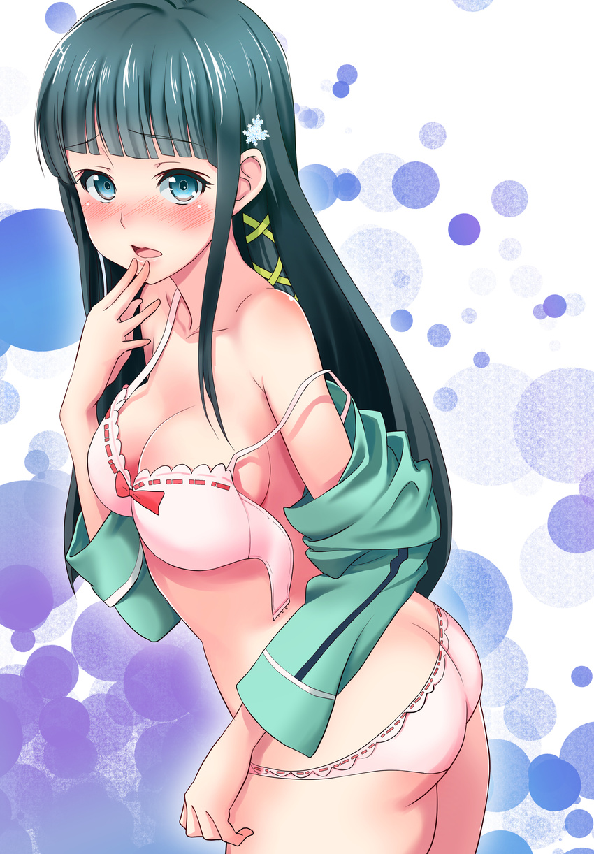 absurdres aqua_hair ass blue_eyes blunt_bangs blush bra breasts butt_crack cleavage commentary_request female finger_to_mouth first_high_school_uniform full-face_blush hair_ornament highres hoshimoto_pierrot large_breasts long_hair mahouka_koukou_no_rettousei open_mouth panties photoshop_(medium) pink_bra pink_panties ribbon-trimmed_underwear ribbon_trim school_uniform shiba_miyuki snowflake_hair_ornament solo strap_gap strap_slip twisted_torso underwear