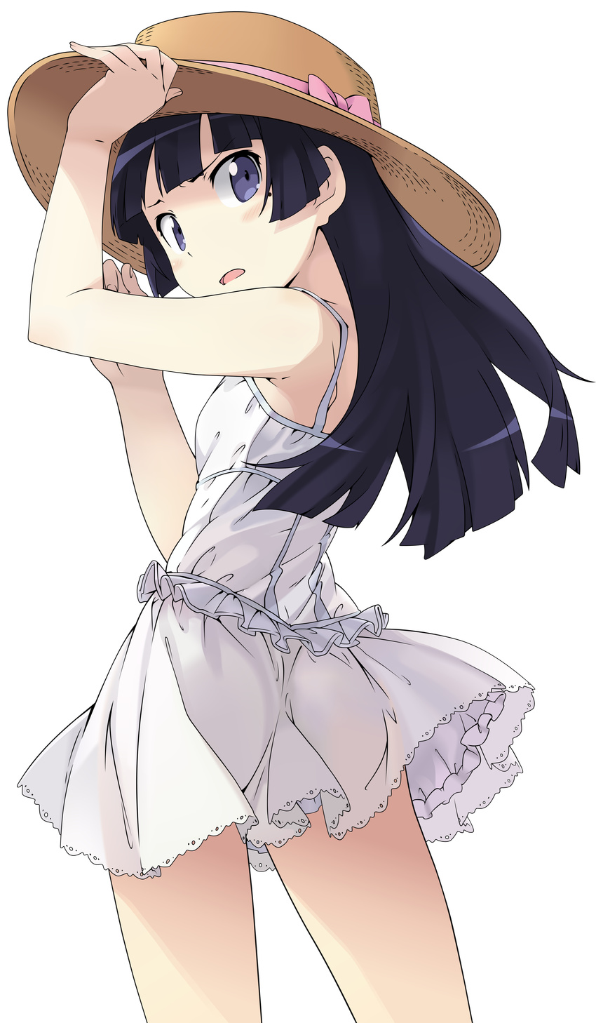 absurdres black_hair blue_eyes dress gokou_ruri hat highres hikaru long_hair looking_back mole ore_no_imouto_ga_konna_ni_kawaii_wake_ga_nai sun_hat