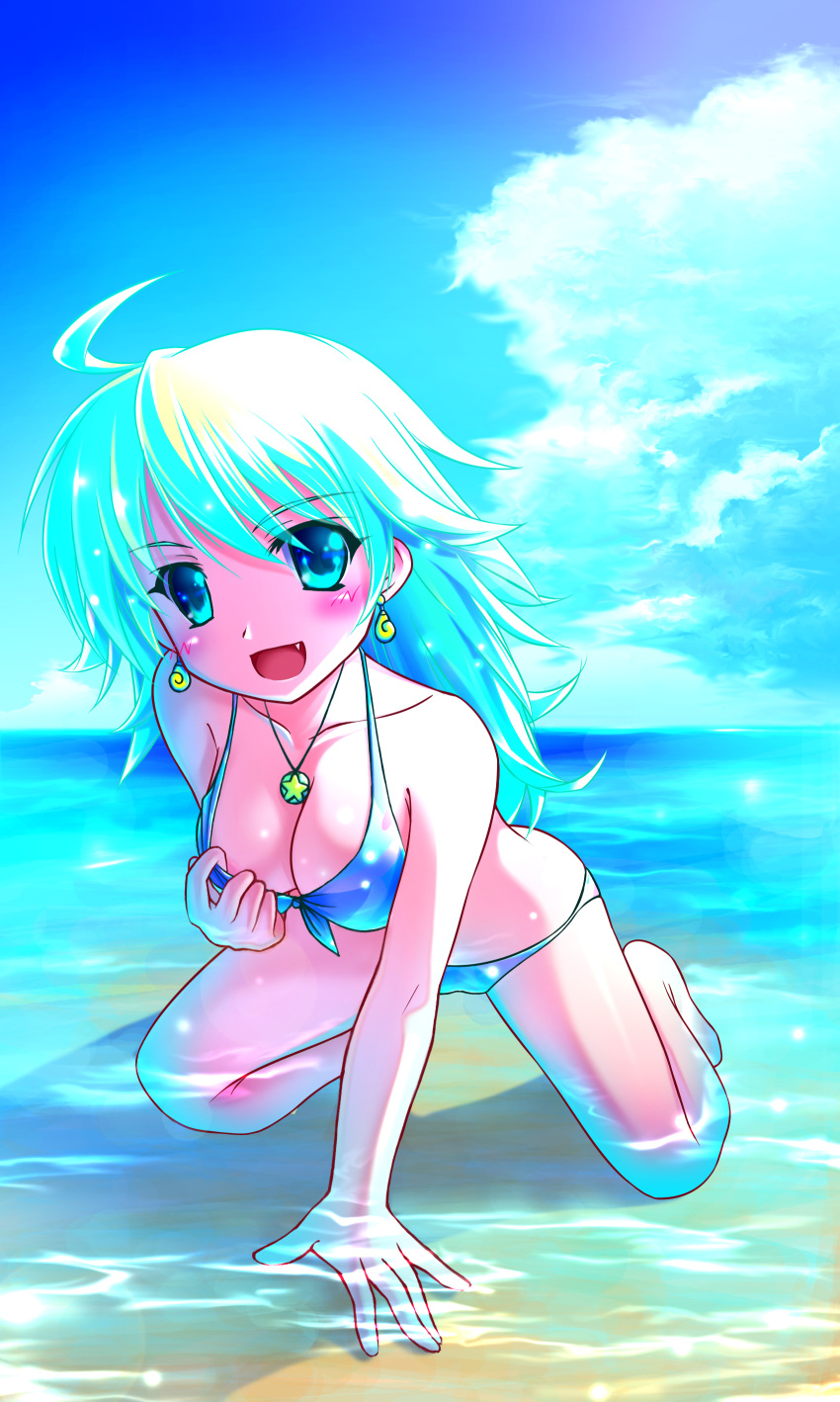 :d absurdres ahoge all_fours backlighting bikini blonde_hair blush breasts cleavage cloud commentary_request day earrings female front-tie_top green_eyes highres hinasaki_you hoshii_miki idolmaster idolmaster_(classic) jewelry looking_at_viewer medium_breasts necklace ocean oerba_yun_fang open_mouth partially_submerged pendant sky smile swimsuit water