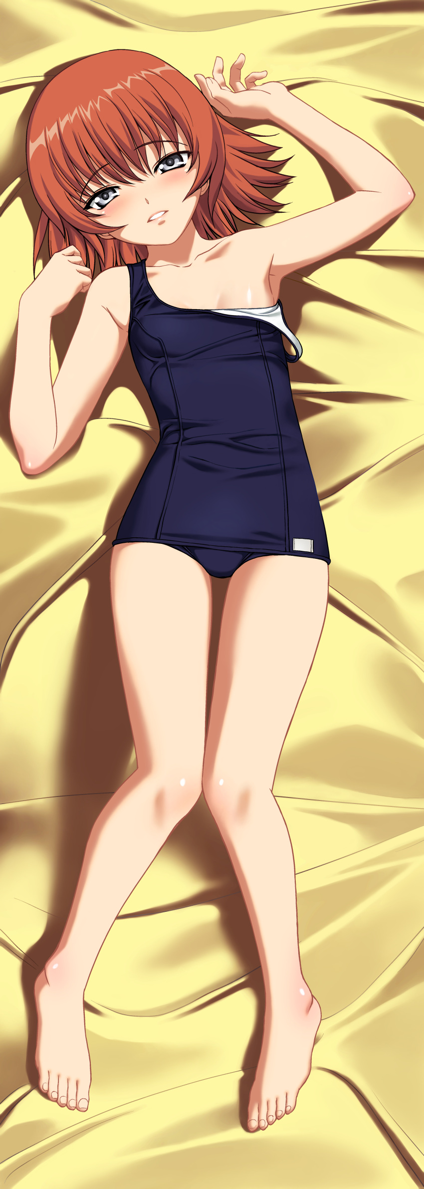 a1_(initial-g) absurdres armpits barefoot bed_sheet blue_eyes dakimakura_(medium) feet female full_body highres kaleido_star knees_together_feet_apart looking_at_viewer lying on_back one-piece_swimsuit orange_hair parted_lips photoshop_(medium) rosetta_passel school_swimsuit solo strap_slip swimsuit toes