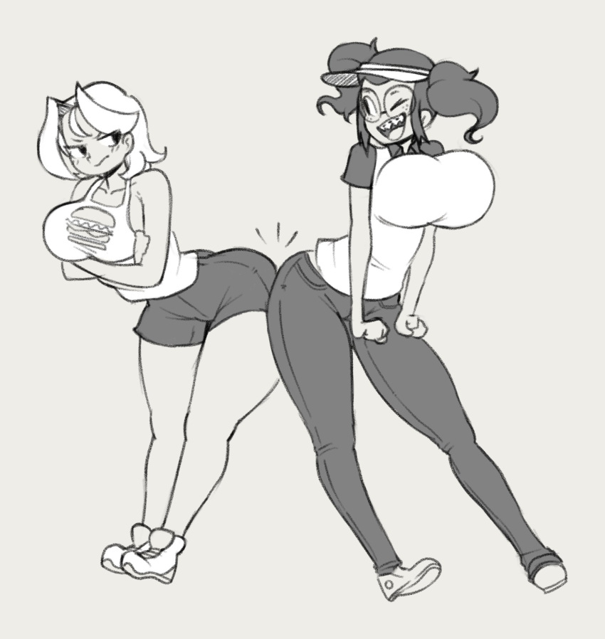 2girls angstrom ass breasts cap curvy female female_only female_with_female females_only huge_ass huge_breasts human jeans pizza_thot shirt shoes short_shorts thick_thighs tips_(gats) yuri