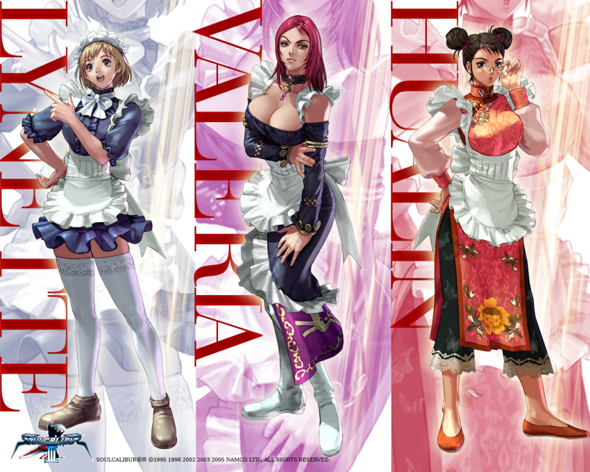 3girls adjusting_eyewear apron black_hair blonde_hair boots breasts character_name china_dress chinese_clothes choker chronicles_of_the_sword cleavage collar detached_sleeves double_bun dress extra glasses hair_bun hand_on_own_hip hualin instrument jewelry kawano_takuji large_breasts lineup lynette maid maid_headdress multiple_girls official_art official_wallpaper open_mouth pink_hair shoes short_hair soulcalibur soulcalibur_iii tambourine thighhighs valeria white_thighhighs zettai_ryouiki zoom_layer