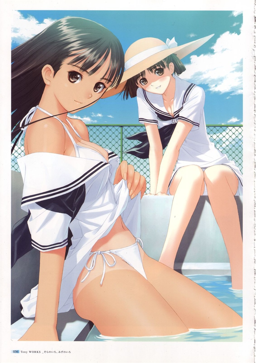 2girls arm_support bikini bikini_under_clothes black_hair breasts brown_eyes chain-link_fence cleavage clothes_lift cloud day dress dress_lift fence hat highres long_hair medium_breasts mizushima_asa multiple_girls off_shoulder one-piece_tan outdoors pool poolside sailor_dress scan side-tie_bikini_bottom sitting sky smile soaking_feet sora_no_iro_mizu_no_iro sorayama_natsume straw_hat sun_hat swimsuit tan tanlines tony_taka twintails water white_bikini