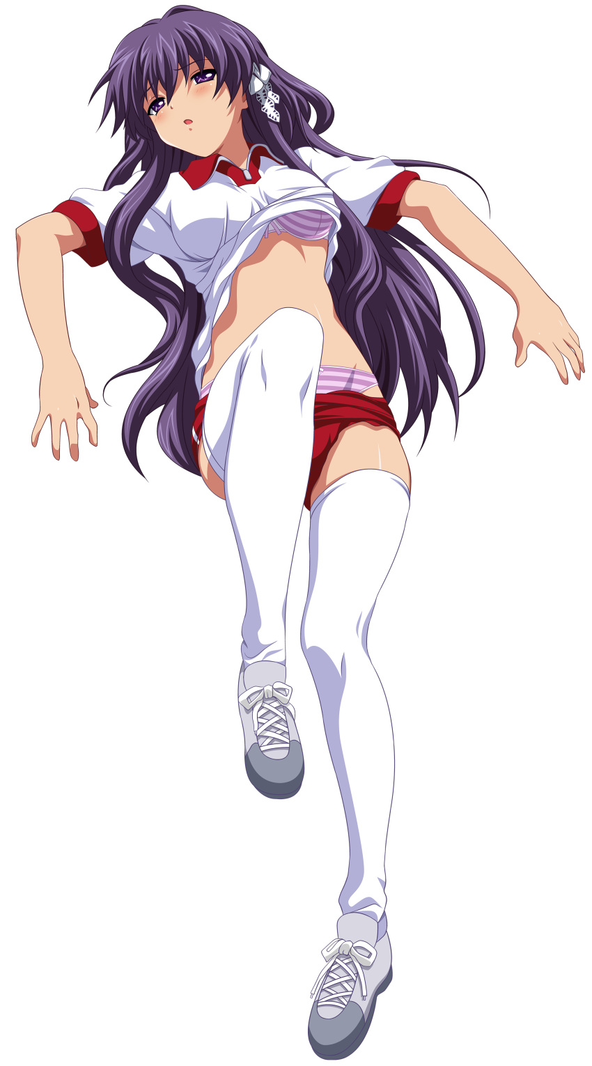 absurdres blush bra buruma clannad clothes_lift female fujibayashi_kyou full_body gym_uniform hands highres imageboard_desourced kaede_(pixiv418056) lingerie long_hair lying non-web_source open_mouth panties purple_eyes purple_hair red_buruma shirt_lift solo striped_clothes striped_panties thighhighs transparent_background underwear vector_trace white_thighhighs