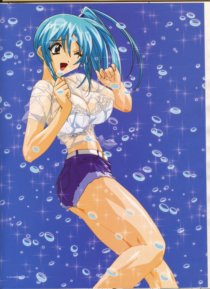 ;d absurdres aqua_eyes ass blue_hair blue_shorts bra breasts bubble cleavage crop_top denim denim_shorts divergence_eve female highres impossible_clothes impossible_shirt kureha_misaki lace lace_bra large_breasts lingerie long_hair midriff official_art one_eye_closed open_mouth profile scan see-through shiny_skin shirt short_shorts shorts side_ponytail smile solo sparkle standing t-shirt torn_clothes underwear wet wet_clothes wet_shirt white_bra wince yamashita_toshinari