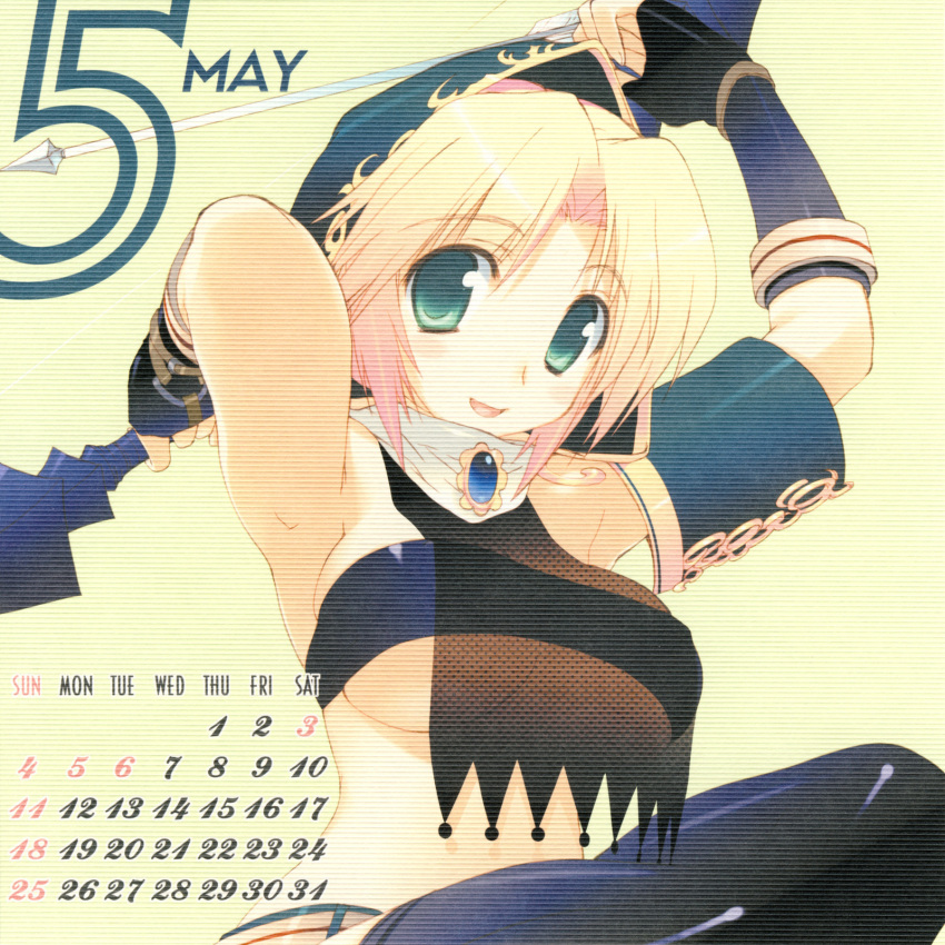 2008 amazuyu_tatsuki blonde_hair breasts calendar_(medium) fantasy_earth fantasy_earth_zero female gloves green_eyes highres may medium_breasts photoshop_(medium) scout_(fantasy_earth) scout_(hamil_outfit)_(fantasy_earth_zero) short_hair solo underboob