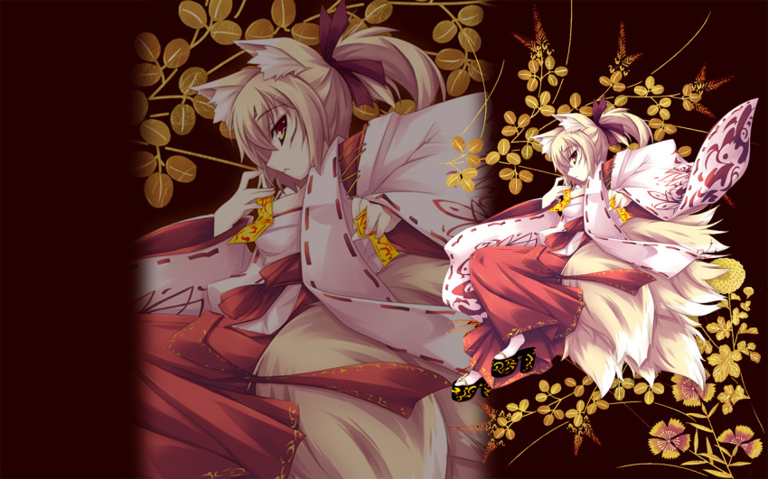 animal_ears blonde_hair breasts female fox_ears fox_tail geta hair_ribbon hakama hakama_skirt japanese_clothes kimono long_hair medium_breasts miko multiple_tails ofuda original photoshop_(medium) ponytail profile red_hakama ribbon shimakaze_(soundz_of_bell) skirt solo tabi tail yellow_eyes zoom_layer