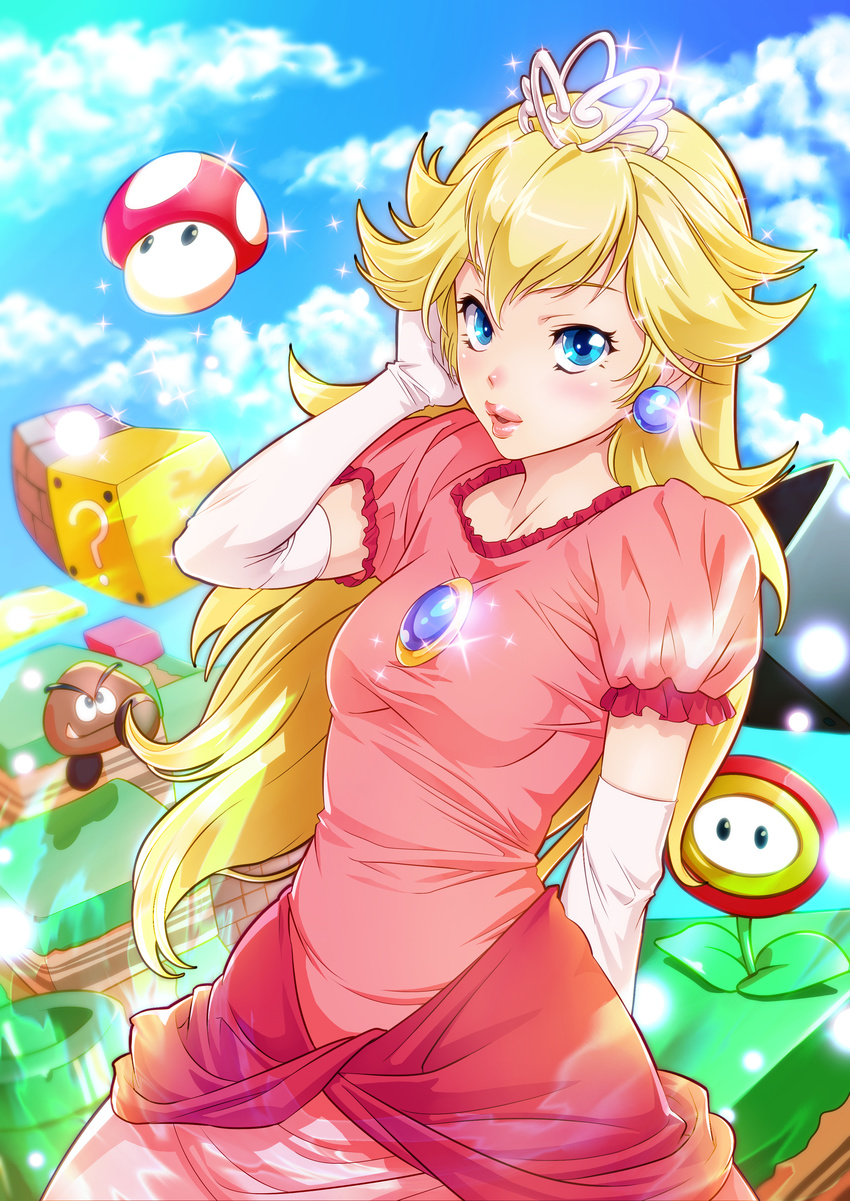 ?_block absurdres arm_at_side ats_(ats2nd) bad_id bad_pixiv_id block_(mario) block_(object) blonde_hair blue_eyes blue_sky breasts bridal_gauntlets cloud commentary_request day dress earrings female fire_flower goomba hand_up highres jewelry long_hair mario_(series) mushroom outdoors parted_lips photoshop_(medium) pink_dress princess_peach sky small_breasts sparkle standing super_mushroom tiara warp_pipe