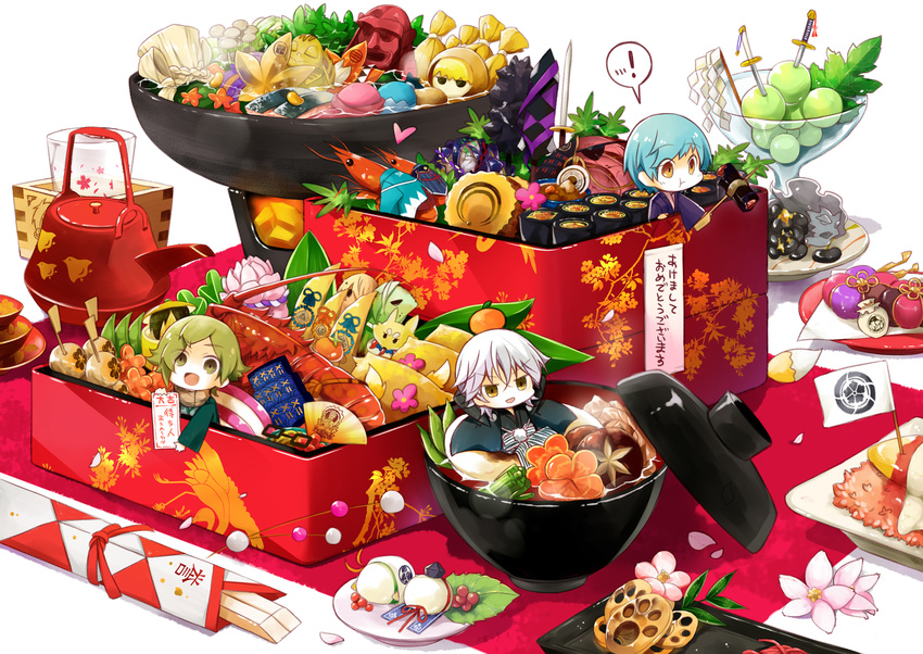 ! 3boys :d :t akeome armor bathing bird blue_hair bowl box cherry_blossoms chibi chin_strap chopsticks commentary_request cup eating eyepatch flag floral_print flower food food_focus fox gohei green_eyes green_hair hand_fan haori happy_new_year hat heart highres hirai_yuzuki ichigo_hitofuri ima-no-tsurugi in_bowl in_box in_container in_food inarizushi iwatooshi japanese_armor japanese_clothes kamekichi kashuu_kiyomitsu katana konbumaki looking_at_viewer lotus_root lunchbox male_focus masu mini_person miniboy multiple_boys mutsu-no-kami_yoshiyuki nakigitsune's_fox new_year objectification oonusa open_mouth osechi petals photoshop_(medium) plate plover_(animal) pom_pom_(clothes) pot revision shinsengumi shishiou_no_mofumofu shoulder_armor shrimp simple_background smile sode soup speech_bubble spoken_exclamation_mark stole sushi sword teapot tokin_hat touken_ranbu translated tsurumaru_kuninaga turtle uguisumaru weapon white_background white_hair yamanbagiri_kunihiro yamato-no-kami_yasusada yellow_eyes