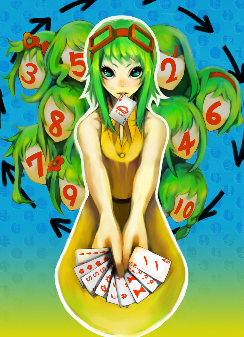 aqua_eyes bare_shoulders blue_background card card_in_mouth commentary_request dress female goggles goggles_on_head gradient_background green_hair gumi highres holding holding_card juu_mensou_(vocaloid) looking_at_viewer mouth_hold multiple_persona no.734 orange_dress short_hair sleeveless vocaloid yellow_background