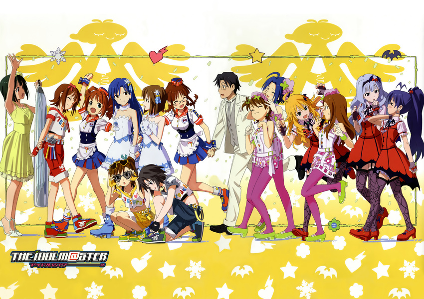 1boy 6+girls absurdres akizuki_ritsuko amami_haruka antenna_hair black_hair blonde_hair blue_hair braid brown_eyes brown_hair burger_skater_(idolmaster) closed_eyes copyright_name earrings fingerless_gloves futami_ami futami_mami ganaha_hibiki glasses gloves green_eyes hagiwara_yukiho hair_ornament hairpin highres hoshii_miki idolmaster idolmaster_(classic) idolmaster_2 jewelry kikuchi_makoto kisaragi_chihaya matsuo_yuusuke minase_iori miura_azusa multiple_girls my_dear_vampire_(idolmaster) official_art otonashi_kotori pantyhose princess_melody_(idolmaster) producer_(idolmaster) producer_(idolmaster_anime) shijou_takane short_hair side_ponytail snowflake_liliput_(idolmaster) street_hopper_(idolmaster) takatsuki_yayoi thighhighs twin_braids