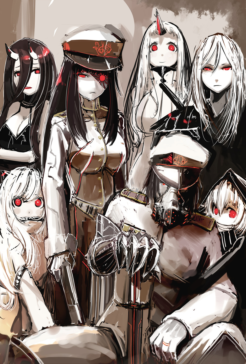 1boy 6+girls abyssal_admiral_(kancolle) abyssal_ship admiral_(kancolle) arm_hug bad_id bad_pixiv_id battleship_princess black_hair breasts claws colored_skin female_abyssal_admiral_(kancolle) female_admiral_(kancolle) gas_mask grin hat highres hood hoodie horns jewelry kantai_collection large_breasts long_hair looking_at_viewer mask meth_(emethmeth) military military_uniform mittens multiple_girls naval_uniform northern_ocean_princess pale_skin peaked_cap re-class_battleship red_eyes ring seaport_princess single_horn sitting smile sword ta-class_battleship uniform weapon white_hair white_skin