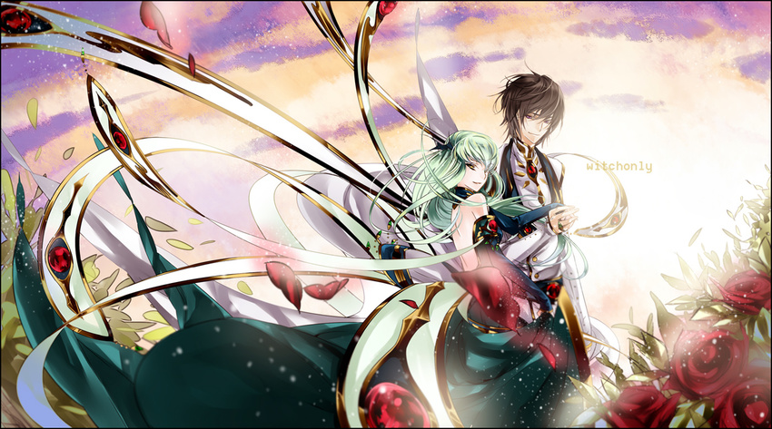 1boy back bad_id bad_pixiv_id bare_shoulders brown_hair c.c. cloud code_geass couple dress elbow_gloves female flower gloves green_hair holding_hands lelouch_vi_britannia long_hair petals photoshop_(medium) purple_eyes red_flower red_rose rose rose_petals smile straight witchonly yellow_eyes