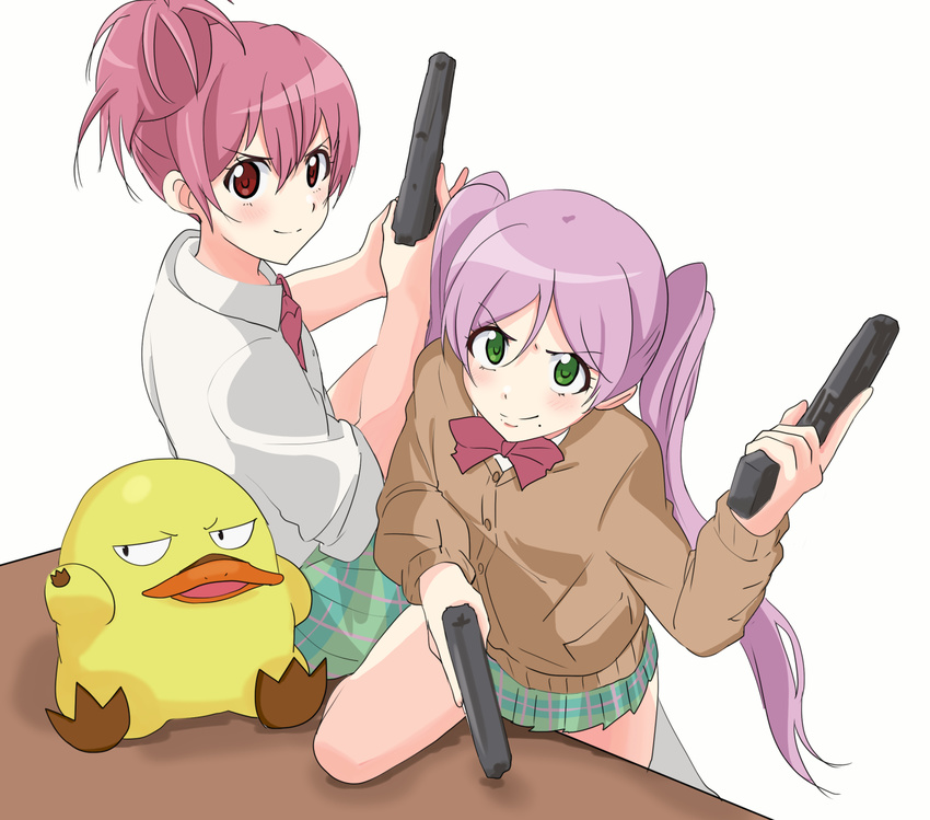 2girls dual_wield dual_wielding green_eyes gun handgun kaipankun kamo_(sabagebu!) kasugano_urara_(sabagebu!) looking_at_viewer mole multiple_girls pink_hair pistol platy_(sabagebu!) platypus red_eyes red_hair sabagebu! school_uniform simple_background skirt smile sonokawa_momoka table twintails vest weapon