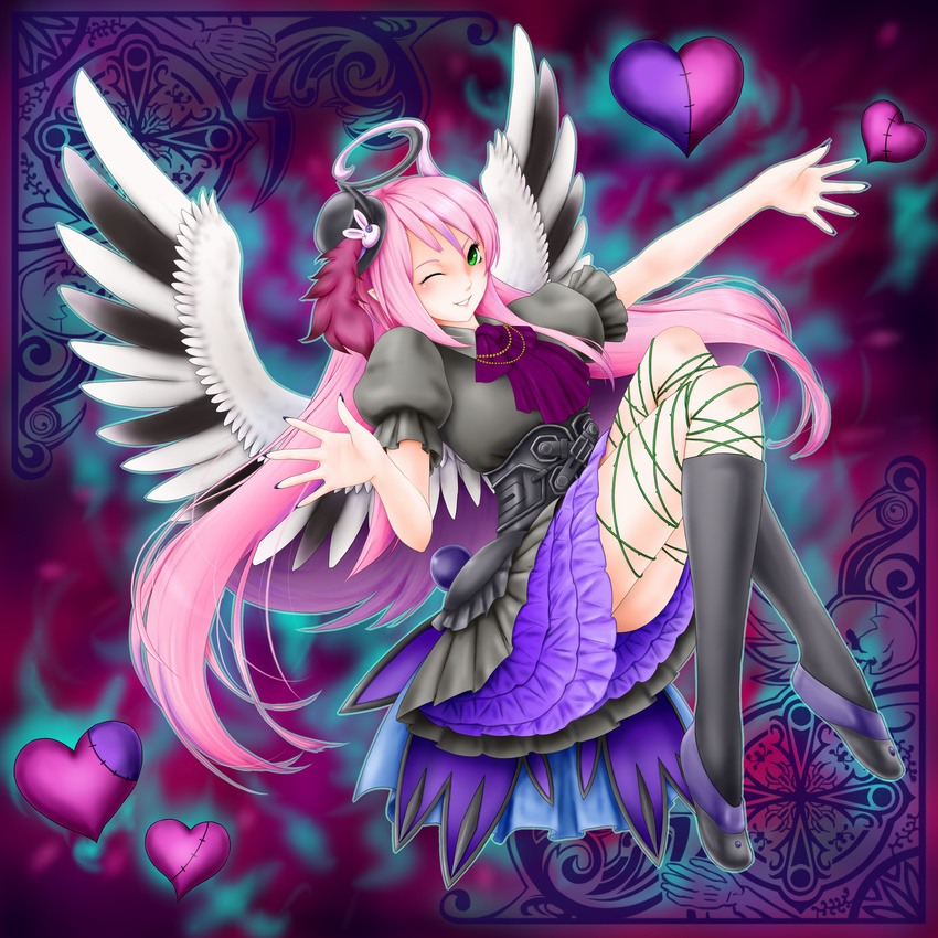 black_socks breasts commentary_request duel_monster female full_body ghostrick_angel_of_mischief green_eyes hat heart highres long_hair multicolored_hair multicolored_wings nail_polish one_eye_closed open_mouth pink_hair purple_hair side_ponytail socks solo usoutsuki white_hair wings yu-gi-oh!