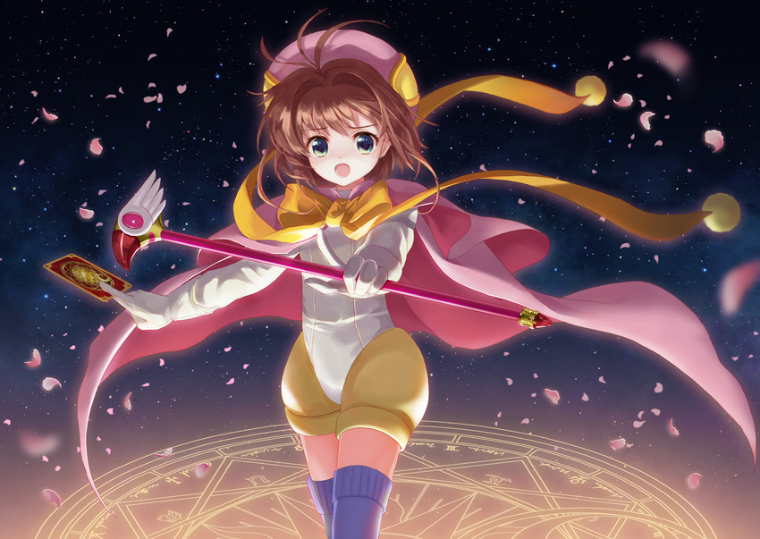 :o antenna_hair blue_thighhighs bow brown_hair cape card cardcaptor_sakura cherry_blossoms clow_card commentary_request costume cowboy_shot dress female floating_hair fuuin_no_tsue gloves green_eyes hair_intakes hat holding holding_card holding_wand kinomoto_sakura kinomoto_sakura_(final_judgment_costume) long_sleeves magic_circle magical_girl moai_(aoh) petals photoshop_(medium) pink_cape pink_hat pom_pom_(clothes) short_hair solo thighhighs wand white_gloves wind yellow_bow