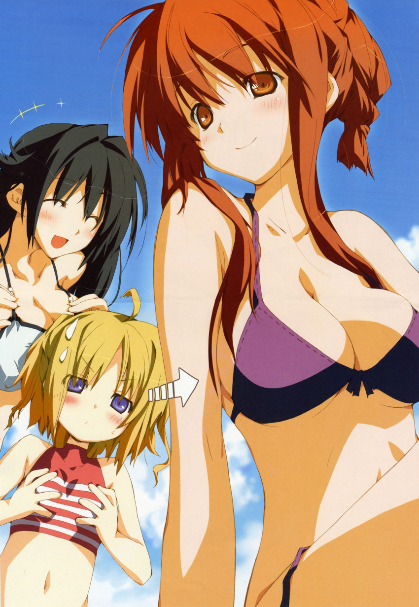 3girls :< absurdres bikini black_hair blonde_hair blue_eyes breast_envy breasts brown_eyes brown_hair cleavage flat_chest happy_margaret! highres kitanoji_nozomi kokonoka large_breasts looking_at_breasts looking_at_viewer minahase_karin_hortensia multiple_girls non-web_source sakura_mao sweatdrop swimsuit