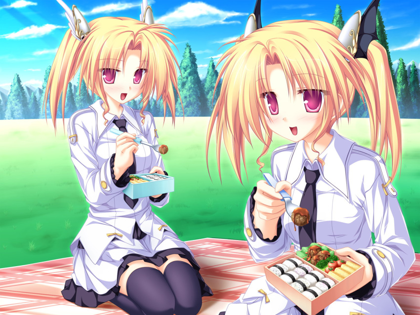 2girls bento blonde_hair blush day eating feeding food game_cg hair_ornament happy highres incoming_food looking_at_viewer magus_tale multiple_girls nina_geminis outdoors picnic pink_eyes red_eyes rena_geminis seiza siblings sisters sitting tenmaso thighhighs twins twintails zettai_ryouiki