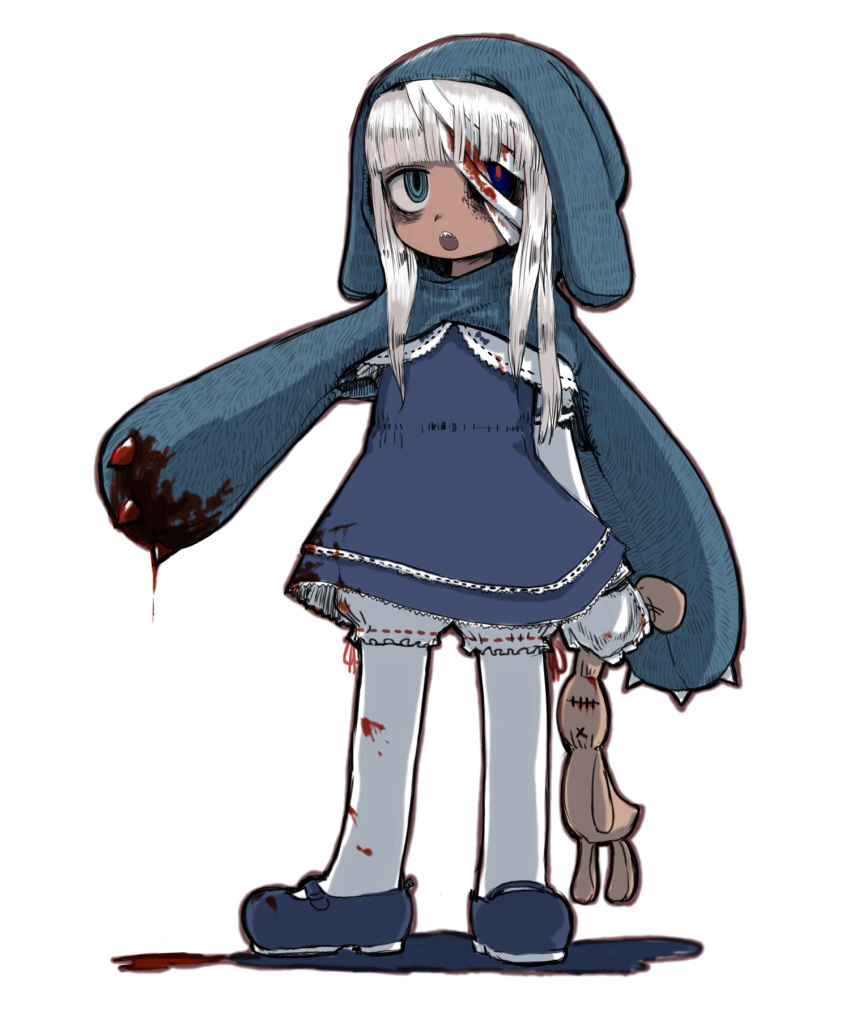 anorak bad_id bad_pixiv_id bandages blood bloomers blue_eyes crazy_eyes female highres hood long_hair oomori_harusame original ribbon-trimmed_bloomers ribbon_trim solo stuffed_animal stuffed_rabbit stuffed_toy white_hair