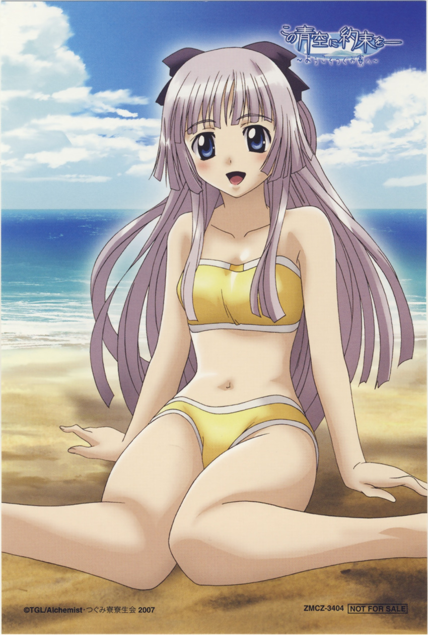 :d arm_support artist_request bandeau beach bikini blue_eyes blunt_bangs blush bow breasts cloud copyright_name dated day female grey_hair hairbow highres kneeling kono_aozora_ni_yakusoku_wo long_hair looking_at_viewer narrow_waist navel ocean official_art on_ground open_mouth outdoors rokujou_miyaho scan sidelocks sitting sky small_breasts smile solo swimsuit very_long_hair wariza water watermark yellow_bikini