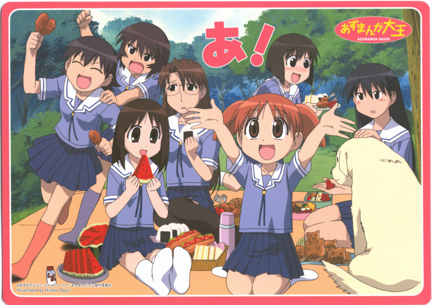 6+girls :d \o/ ^_^ angry ankle_socks apple arms_up azumanga_daioh's_school_uniform azumanga_daiou bento black_eyes black_hair black_thighhighs blue_ribbon blue_serafuku blue_shirt blue_skirt blue_socks blunt_ends blush bob_cut border bread breasts brown_eyes brown_hair bush canine character_food chicken_(food) clenched_hand closed_eyes closed_mouth copyright_name eating everyone excited foliage food food_art forest fried_chicken fruit giving_food glasses grass hair_between_eyes hand_on_another's_shoulder highres holding holding_food holding_plate hot_dog inverted_bob kagura_(azumanga_daioh) kamineko kaori_(azumanga_daioh) kasuga_ayumu kneehighs long_hair looking_at_food medium_breasts medium_hair mihama_chiyo mizuhara_koyomi multiple_girls nature neck_ribbon nekokoneko no_shoes non-web_source nose_blush official_art oguri_hiroko on_ground onigiri open_mouth orange_hair outstretched_arms park parted_lips petting photoshop_(medium) picnic picnic_basket picnic_blanket pink_border pink_socks plate pleated_skirt promotional_art raised_eyebrows rectangular_eyewear ribbon running sailor_collar sakaki_(azumanga_daioh) salt salt_shaker sandwich scan school_uniform serafuku shirt short_hair short_sleeves short_twintails sitting skirt small_breasts smile socks summer_uniform tadakichi-san takino_tomo tako-san_wiener theft thermos thighhighs translated tray tree twintails v-shaped_eyebrows very_long_hair wariza watermelon watermelon_slice white_dog white_sailor_collar white_socks worried yokozuwari