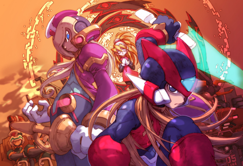 2boys android armor blonde_hair blue_eyes brown_hair capcom ciel_(mega_man) closed_eyes coat digital_dissolve elpizo_(mega_man) female forehead_jewel helmet holding holding_sword holding_weapon light_trail long_hair mega_man_(series) mega_man_zero_(series) mega_man_zero_2 multiple_boys nakayama_tooru official_art own_hands_clasped own_hands_together pink_coat red_armor red_helmet robot sword weapon z_saber zero(z)_(mega_man) zero_(mega_man)