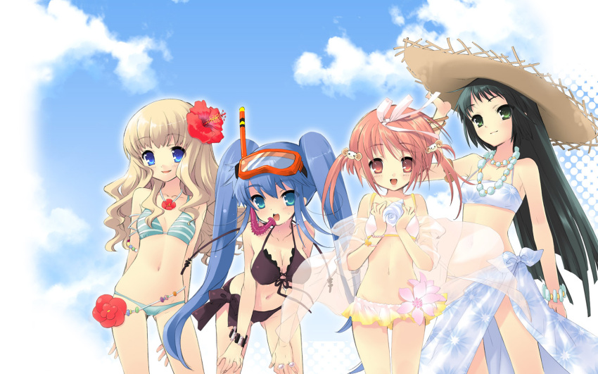 4girls akihime_sumomo aqua_eyes arms_behind_back belt bent_over bikini bikini_skirt black_hair blonde_hair blue_eyes blue_hair blush bracelet breasts cleavage cloud day diving_mask everyone flat_chest floral_print flower front-tie_top goggles green_eyes hair_flower hair_ornament hair_ribbon hat hibiscus highres ito_noizi jewelry koiwai_flora large_breasts lineup long_hair lowleg lowleg_bikini multiple_girls nanatsuiro_drops navel necklace official_art official_wallpaper outdoors photoshop_(medium) pink_eyes pink_hair print_bikini print_sarong ribbon sarong seashell see-through shawl shell short_twintails side-tie_bikini_bottom sideboob sky smile snorkel standing straw_hat striped_bikini striped_clothes swimsuit tankini thigh_gap twintails very_long_hair wavy_hair wet white_sarong yaeno_nadeshiko yuuki_nona