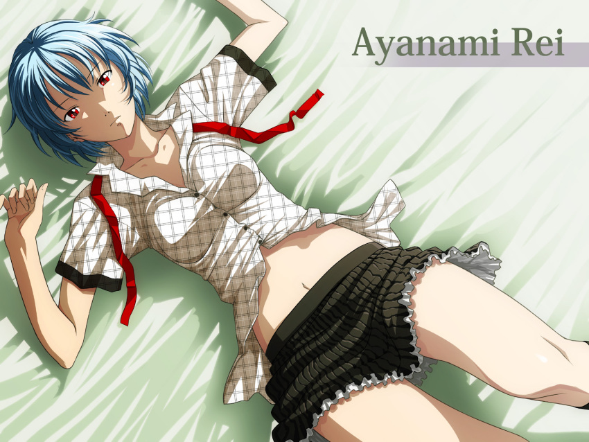 ayanami_rei blue_hair female highres lying midriff navel nazo_kichi neon_genesis_evangelion painttool_sai_(medium) red_eyes short_hair solo unmoving_pattern