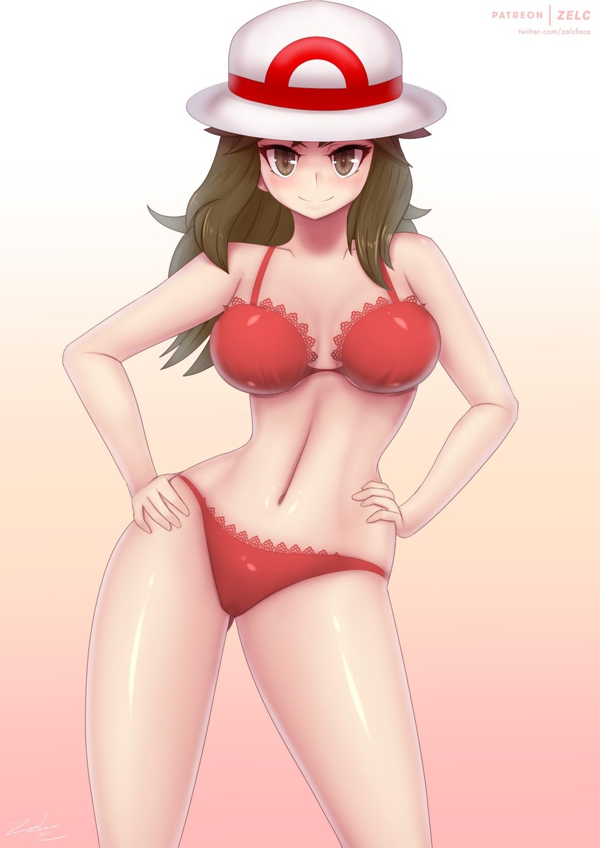 1girls abs big_breasts brown_eyes brown_hair female female_only hand_on_hip hat human human_only large_hips leaf_(pokemon) lingerie looking_at_viewer picot_trim picot_trim_bra picot_trim_panties pokemon pokemon_frlg red_bra red_lingerie red_panties red_underwear solo underwear zelc-face