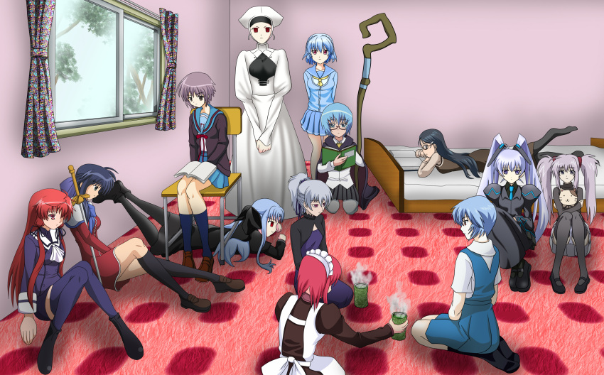 6+girls absurdres ayakashi ayanami_rei bad_anatomy bad_id bad_pixiv_id blue_hair blue_sailor_collar claes commentary_request crossover darker_than_black everyone fate/hollow_ataraxia fate/stay_night fate_(series) gunslinger_girl highres himuro_akari hisui_(tsukihime) kanon kawasumi_mai kita_high_school_uniform len_(tsukihime) leysritt_(fate) multiple_girls muv-luv nagato_yuki neon_genesis_evangelion night_wizard panties pantyhose pantyshot photoshop_(medium) primula sailor_collar school_uniform serafuku shuffle! summer_uniform suzumiya_haruhi_no_yuuutsu tabitha_(zero_no_tsukaima) thighhighs trait_connection tsukihime underwear upskirt winter_uniform yashiro_kasumi yin_(darker_than_black) yoake_eimu yukihanaok zero_no_tsukaima