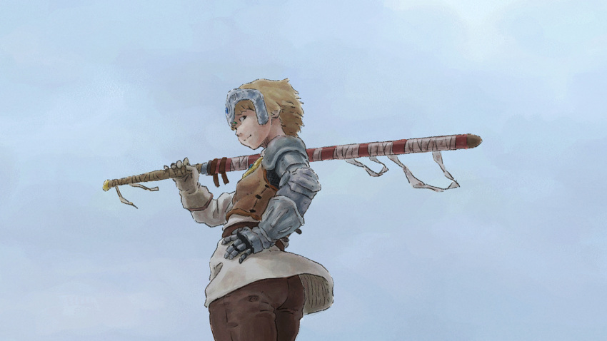 blonde_hair commentary_request female from_below gauntlets gloves hand_on_own_hip highres kaze_no_tani_no_nausicaa kushana over_shoulder sheath sheathed short_hair sky solo standing sword sword_over_shoulder tnt_(aaaazzzz) weapon weapon_over_shoulder