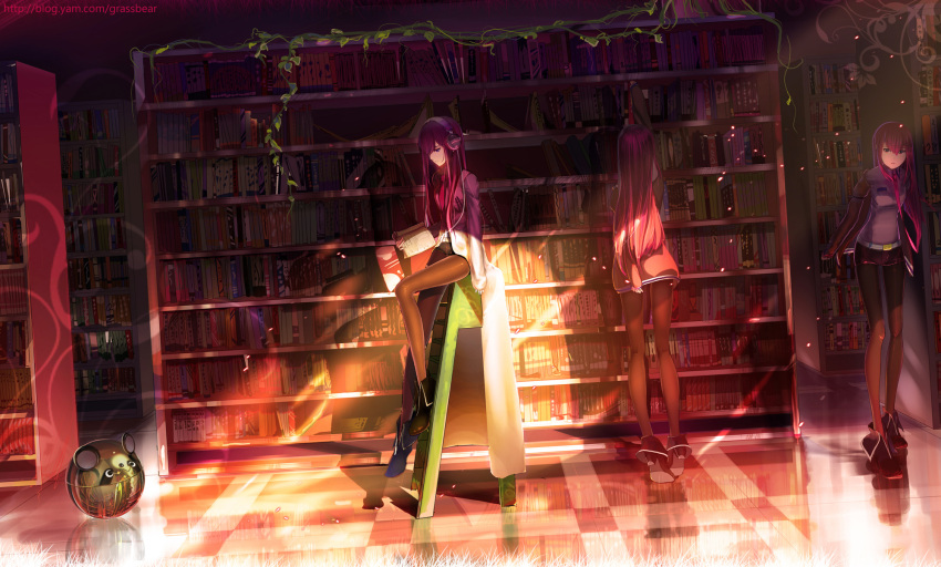 book bookshelf boots cao_xiong checkered_floor commentary_request female headphones highres jacket lab_coat ladder library long_hair makise_kurisu metal_upa necktie pantyhose pantyhose_under_shorts photoshop_(medium) plant reflective_floor shorts sitting steins;gate tiptoes vines