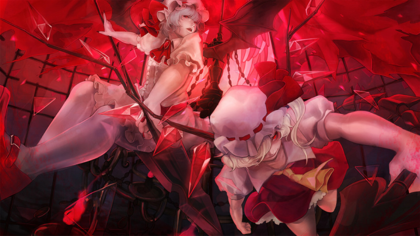 2girls ascot bat_wings blue_hair brooch cage chains chandelier commentary_request dress flandre_scarlet hair_over_one_eye hat hat_ribbon jewelry laevatein_(touhou) mary_janes multiple_girls nail_polish open_mouth pochiharu polearm red_eyes red_theme remilia_scarlet ribbon shoes short_hair siblings side_ponytail sisters spear spear_the_gungnir touhou weapon white_legwear wings