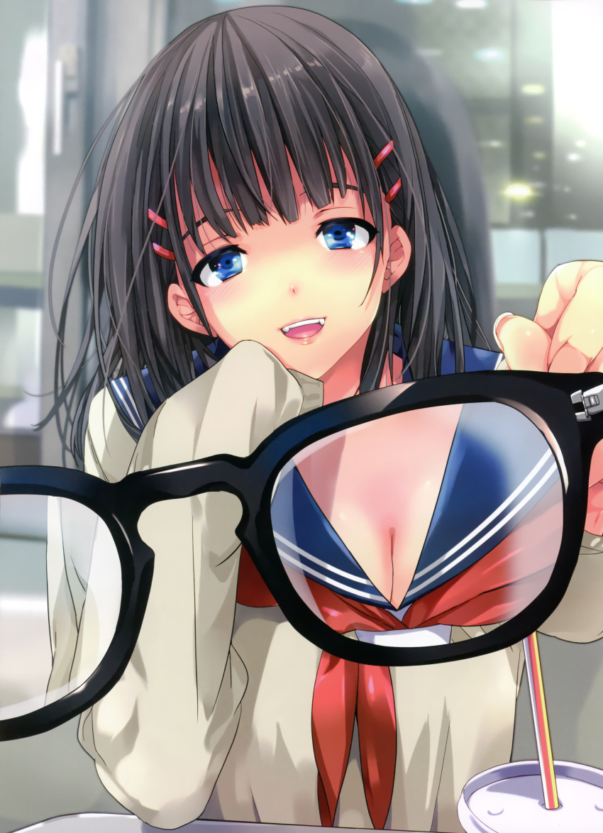 absurdres black_hair blue_eyes blush breasts cleavage eyewear_view fangs female glasses hair_ornament hairclip highres long_hair looking_at_viewer open_mouth original pov refraction school_uniform serafuku small_breasts smile solo taira_tsukune