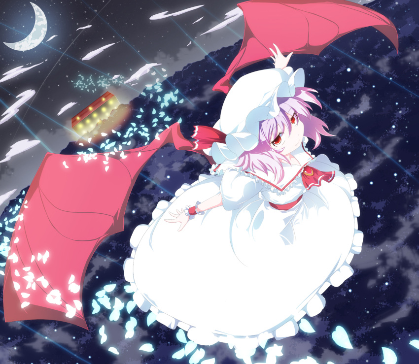 bat_wings commentary_request dress female forest frills grin hat highres meracle moon nature night oerba_yun_fang petals photoshop_(medium) purple_hair red_eyes remilia_scarlet ribbon scarlet_devil_mansion sky smile solo star_(sky) starry_sky touhou wings