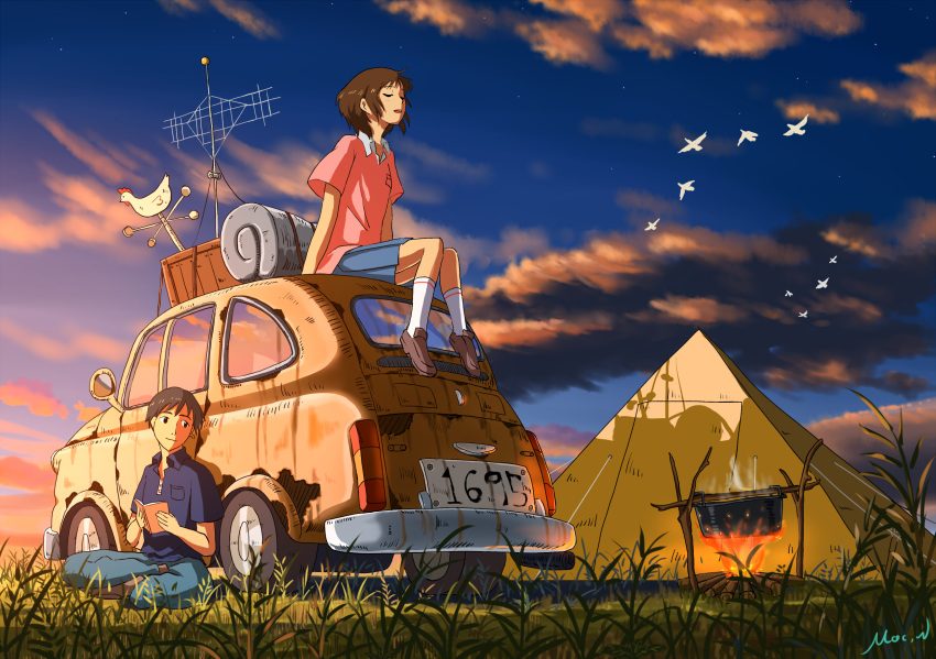 1boy anemometer bird book brown_hair campfire car closed_eyes cloud commentary evening female fire from_ground grass highres mac_naut motor_vehicle on_vehicle original outdoors radio_antenna reading short_hair signature sitting sky tent twilight weather_vane