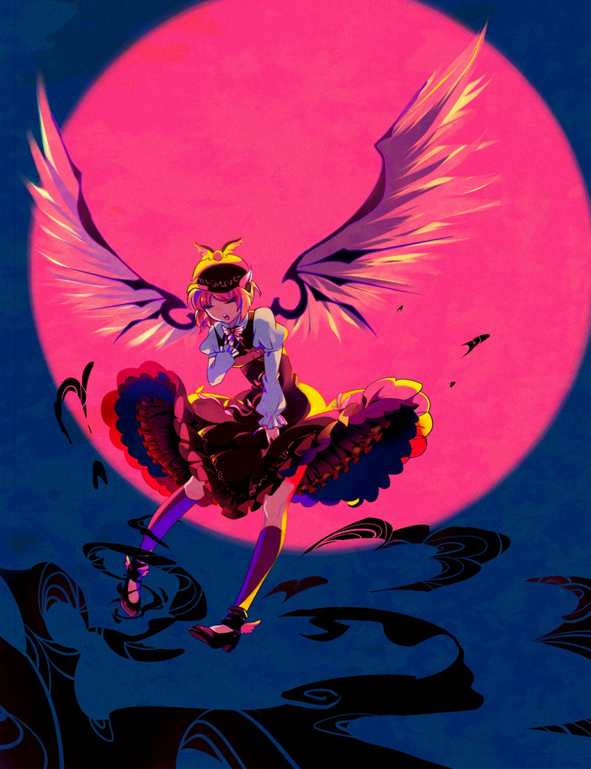 animal_ears bad_id bad_pixiv_id brown_dress closed_eyes darkness dress female floating flying frills full_moon hand_on_own_chest hat high_heels highres kneehighs moon moonlight music mystia_lorelei night open_mouth petticoat pink_hair red_moon shoes short_hair singing socks solo thighhighs touhou winged_footwear wings yuura