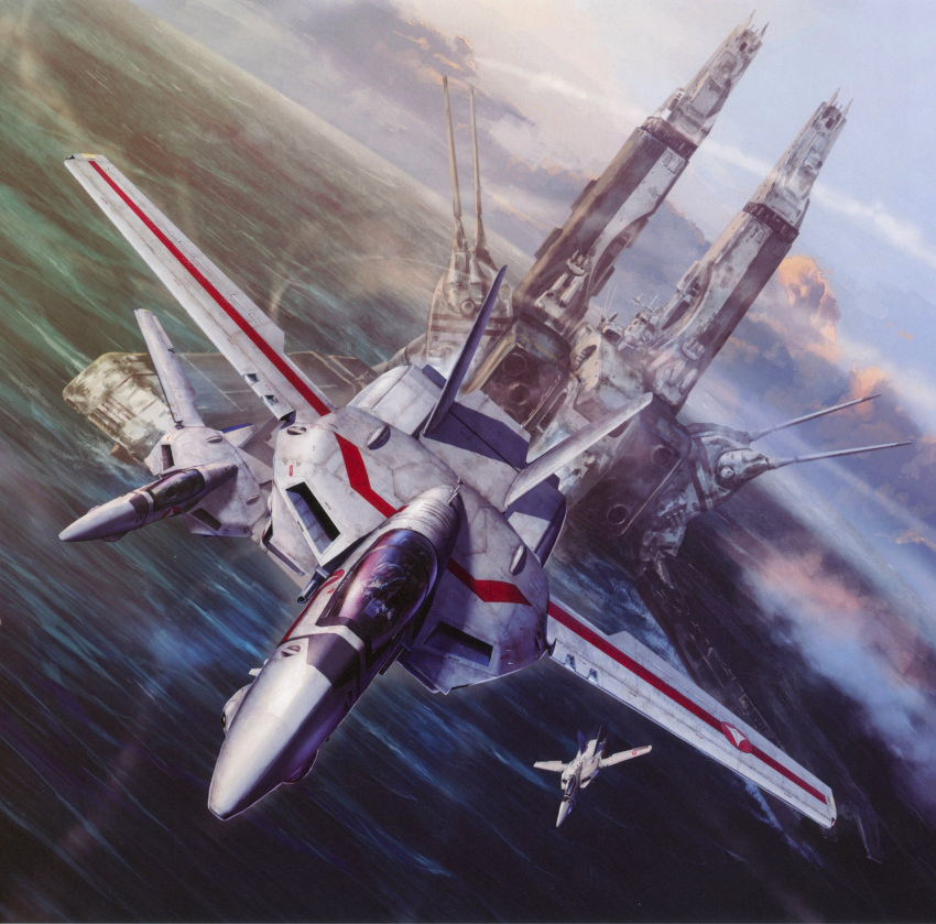 1980s_(style) 2boys absurdres aircraft airplane box_art choujikuu_yousai_macross cloud cockpit contrail daedalus fighter_jet fleet flying helmet highres ichijou_hikaru jet macross mecha military military_vehicle multiple_boys non-web_source ocean official_art pilot_suit prometheus_(ship) realistic retro_artstyle robot scan science_fiction sdf-1 ship spacecraft starfighter storm_attacker tenjin_hidetaka textless_version variable_fighter vehicle_focus vf-1 vf-1a vf-1j watercraft