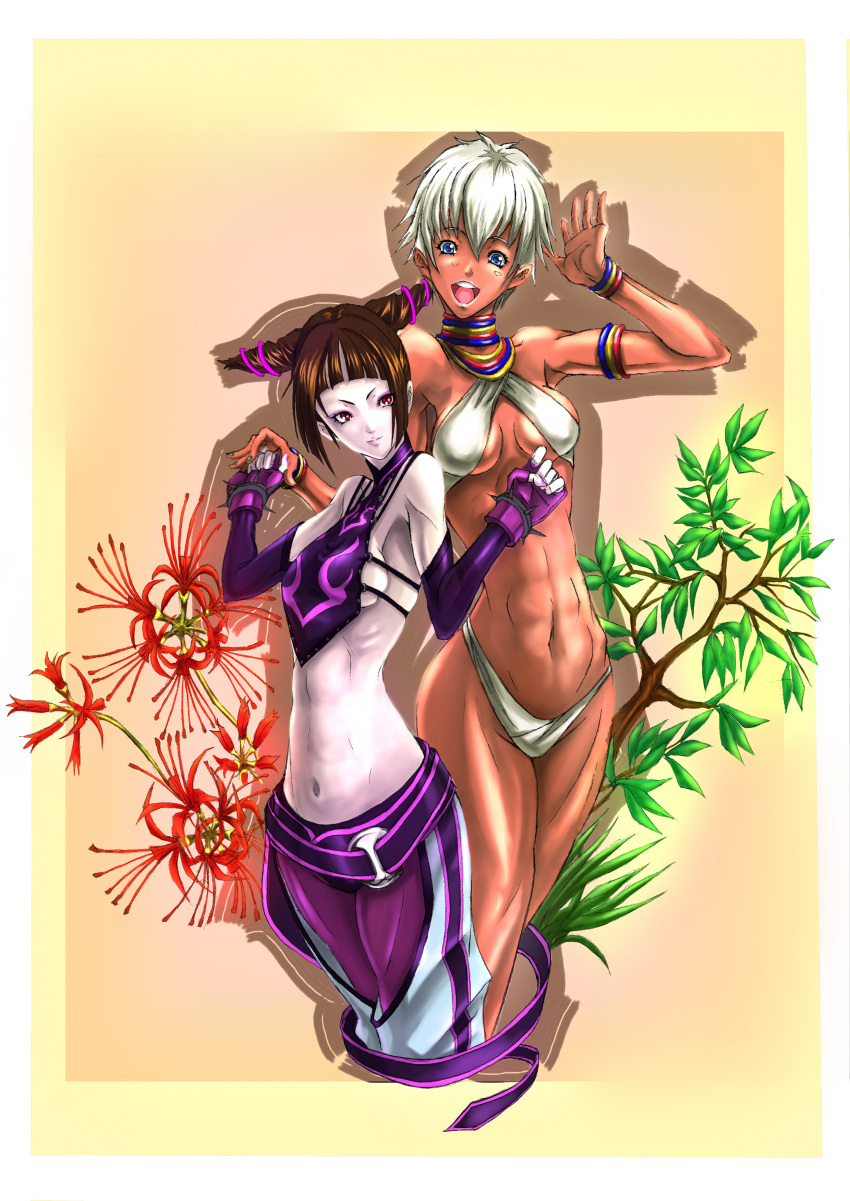 2girls abs absurdres bare_legs capcom dark_skin elena green_nails highres juri_han multiple_girls nail_polish street_fighter